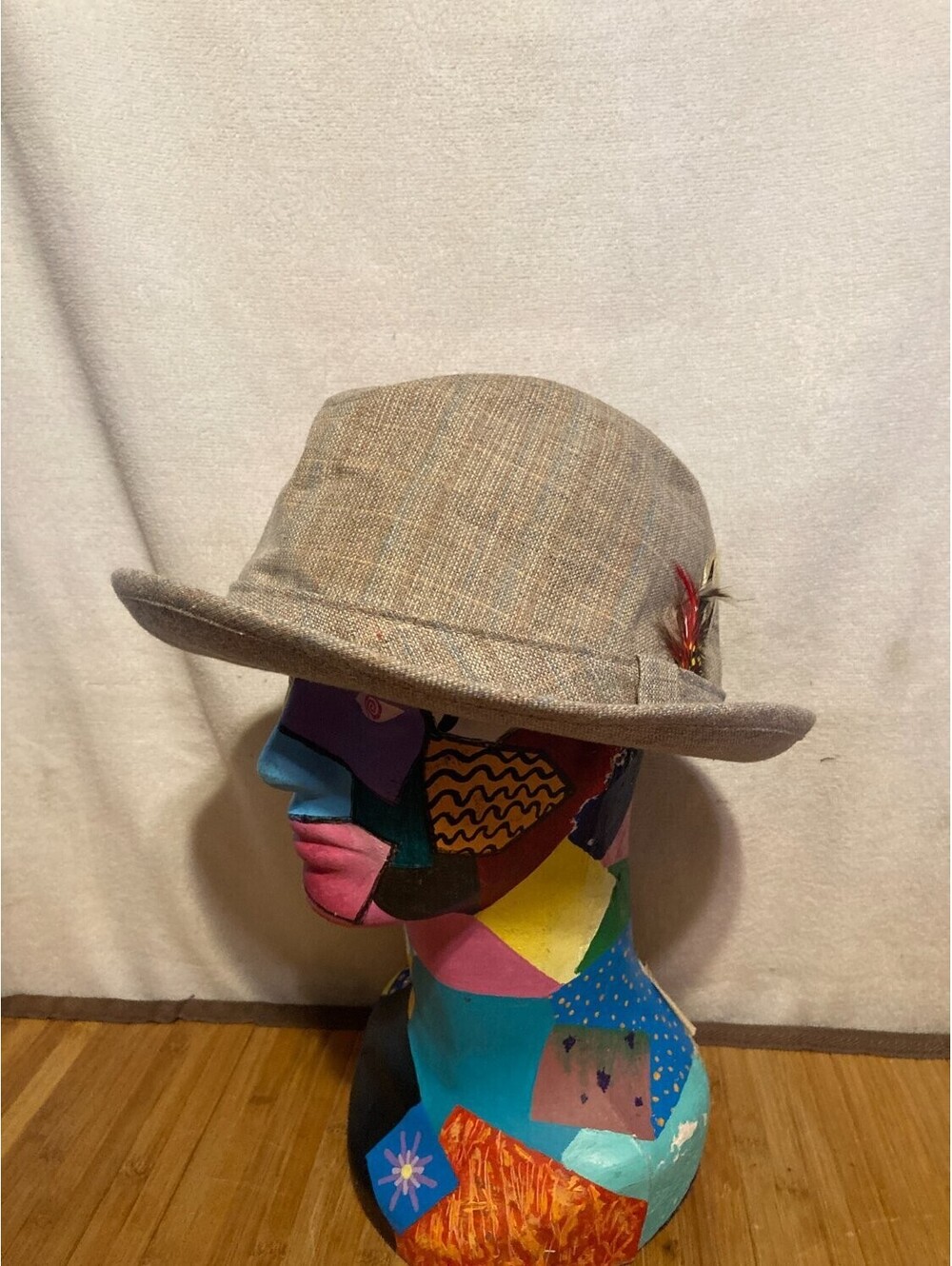 Adam Fedora Hat Mens XL Beige Vintage Feather Accent